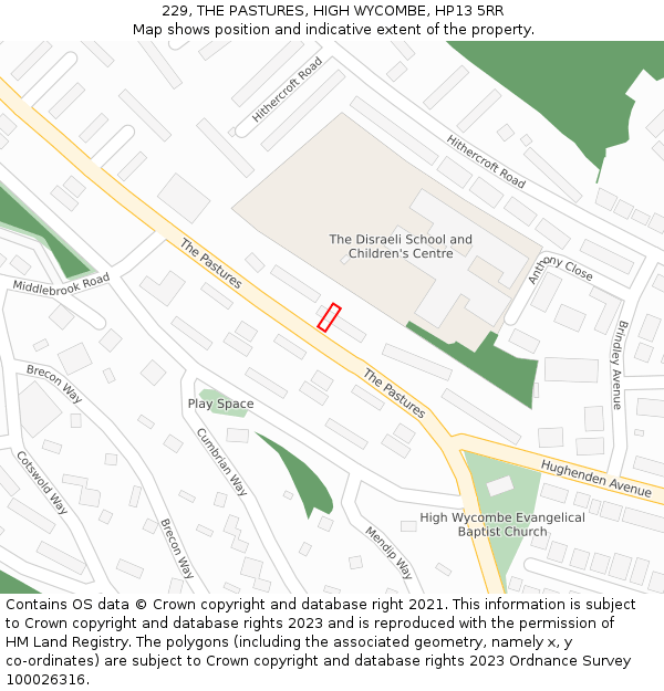 229, THE PASTURES, HIGH WYCOMBE, HP13 5RR: Location map and indicative extent of plot