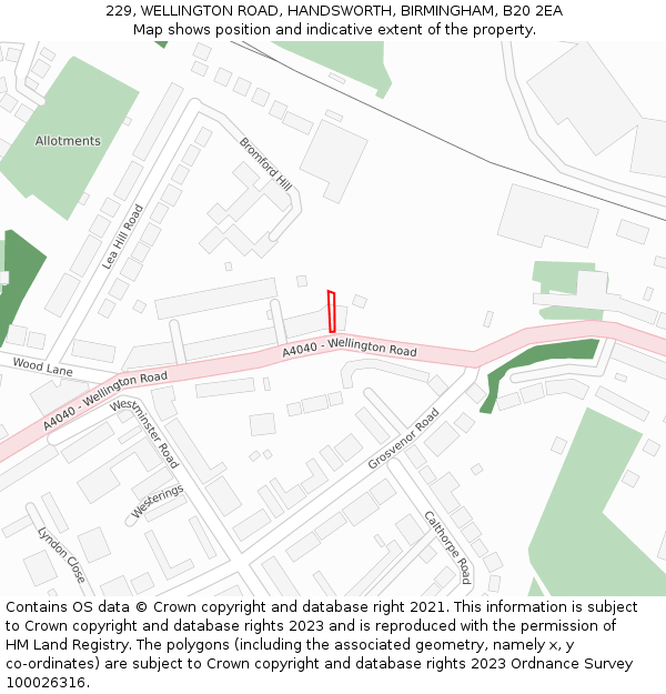 229, WELLINGTON ROAD, HANDSWORTH, BIRMINGHAM, B20 2EA: Location map and indicative extent of plot
