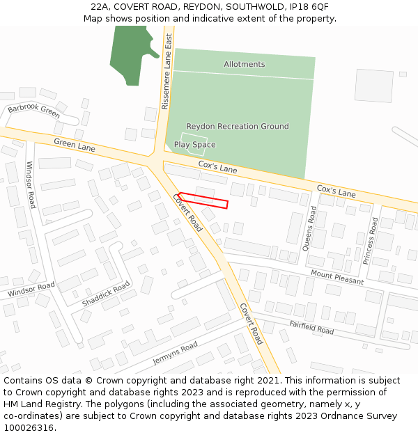22A, COVERT ROAD, REYDON, SOUTHWOLD, IP18 6QF: Location map and indicative extent of plot