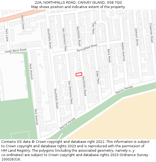 22A, NORTHFALLS ROAD, CANVEY ISLAND, SS8 7QG: Location map and indicative extent of plot