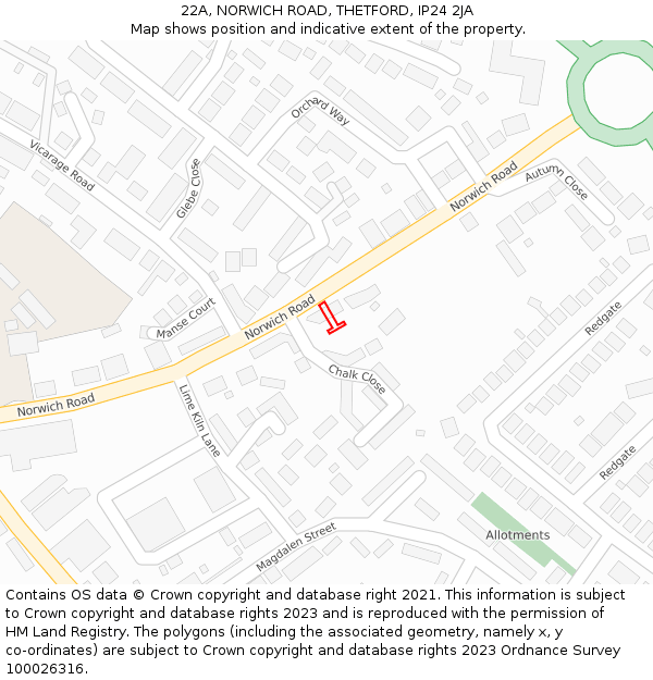 22A, NORWICH ROAD, THETFORD, IP24 2JA: Location map and indicative extent of plot