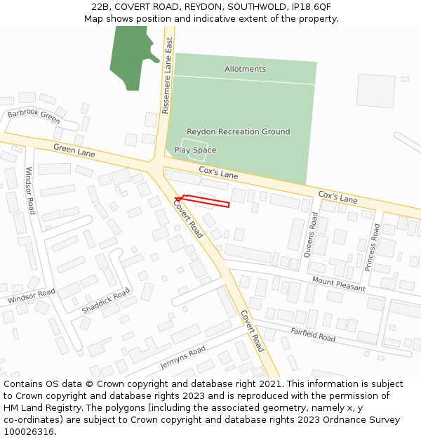 22B, COVERT ROAD, REYDON, SOUTHWOLD, IP18 6QF: Location map and indicative extent of plot