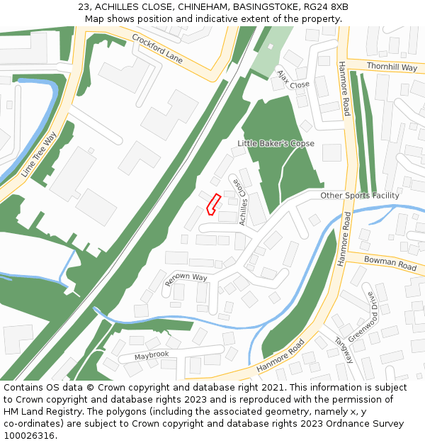 23, ACHILLES CLOSE, CHINEHAM, BASINGSTOKE, RG24 8XB: Location map and indicative extent of plot