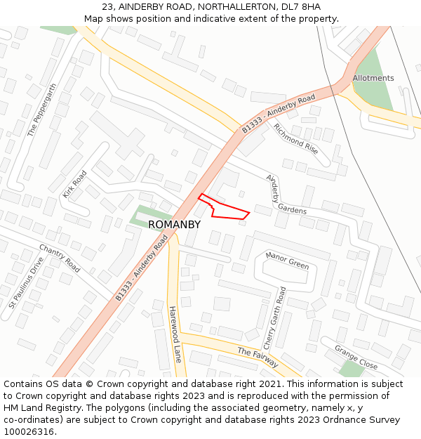 23, AINDERBY ROAD, NORTHALLERTON, DL7 8HA: Location map and indicative extent of plot
