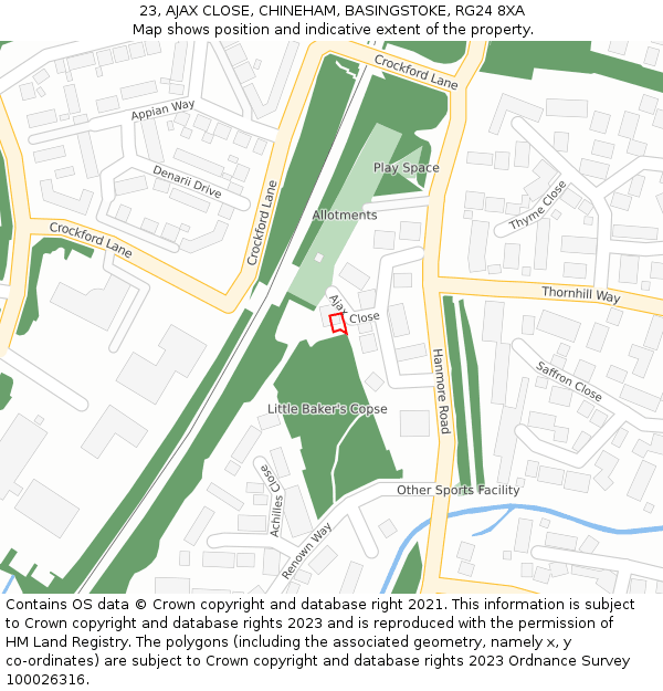 23, AJAX CLOSE, CHINEHAM, BASINGSTOKE, RG24 8XA: Location map and indicative extent of plot