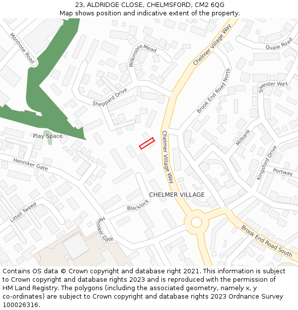 23, ALDRIDGE CLOSE, CHELMSFORD, CM2 6QG: Location map and indicative extent of plot