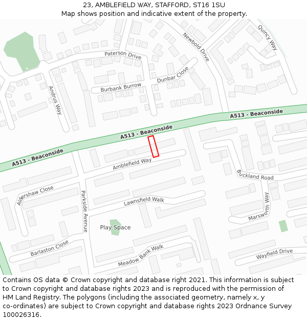 23, AMBLEFIELD WAY, STAFFORD, ST16 1SU: Location map and indicative extent of plot