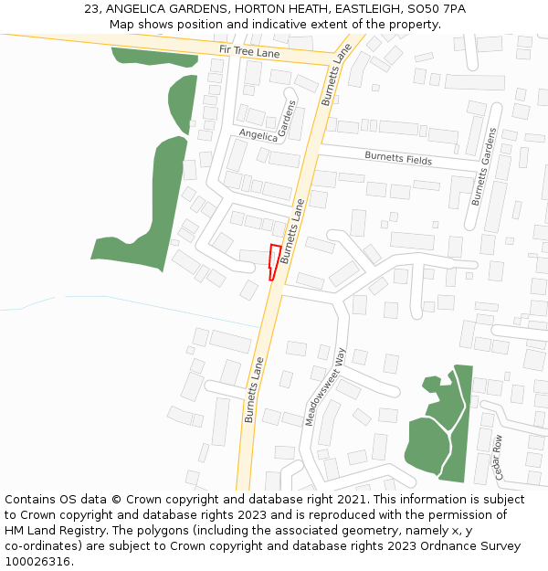 23, ANGELICA GARDENS, HORTON HEATH, EASTLEIGH, SO50 7PA: Location map and indicative extent of plot