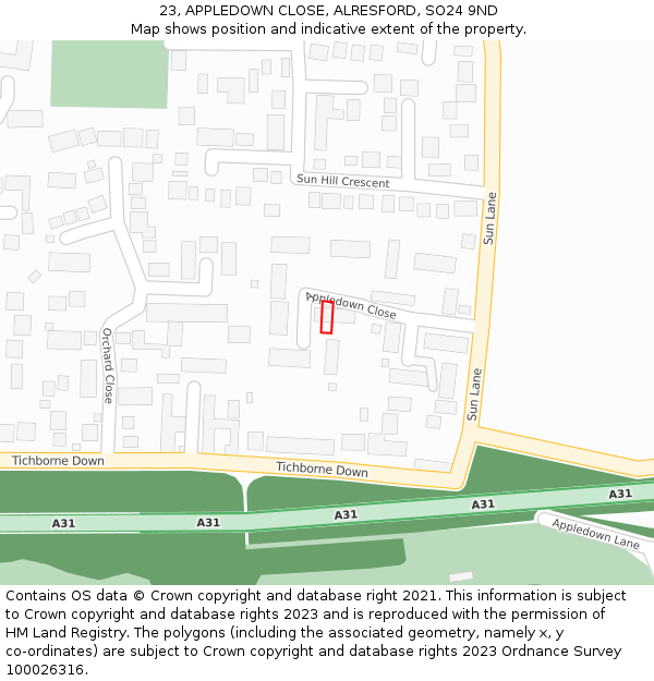 23, APPLEDOWN CLOSE, ALRESFORD, SO24 9ND: Location map and indicative extent of plot