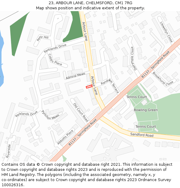 23, ARBOUR LANE, CHELMSFORD, CM1 7RG: Location map and indicative extent of plot