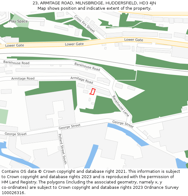 23, ARMITAGE ROAD, MILNSBRIDGE, HUDDERSFIELD, HD3 4JN: Location map and indicative extent of plot