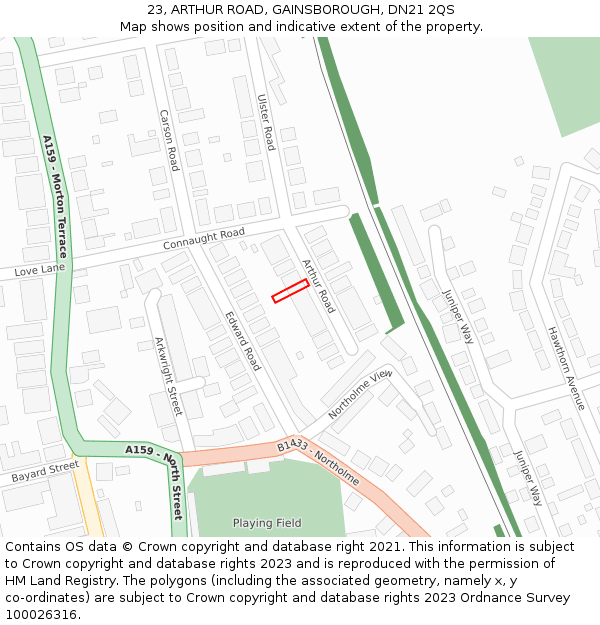 23, ARTHUR ROAD, GAINSBOROUGH, DN21 2QS: Location map and indicative extent of plot