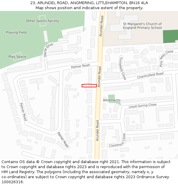 23, ARUNDEL ROAD, ANGMERING, LITTLEHAMPTON, BN16 4LA: Location map and indicative extent of plot