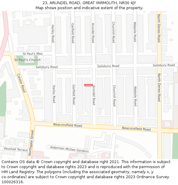 23, ARUNDEL ROAD, GREAT YARMOUTH, NR30 4JY: Location map and indicative extent of plot
