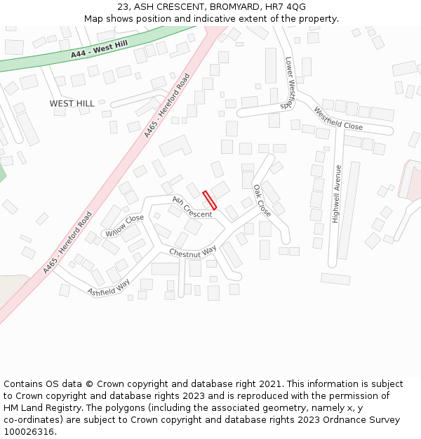 23, ASH CRESCENT, BROMYARD, HR7 4QG: Location map and indicative extent of plot