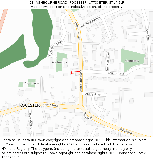 23, ASHBOURNE ROAD, ROCESTER, UTTOXETER, ST14 5LF: Location map and indicative extent of plot