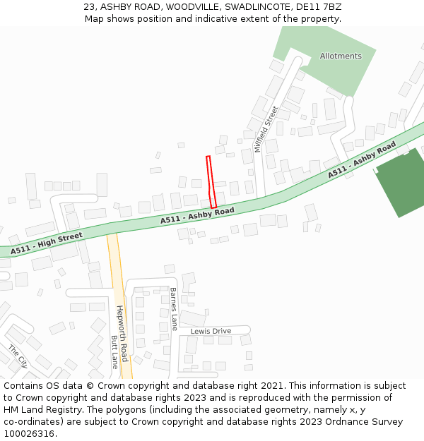23, ASHBY ROAD, WOODVILLE, SWADLINCOTE, DE11 7BZ: Location map and indicative extent of plot