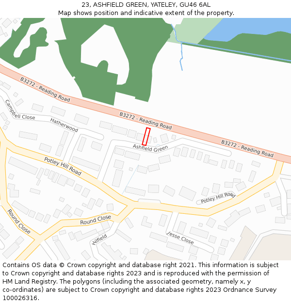 23, ASHFIELD GREEN, YATELEY, GU46 6AL: Location map and indicative extent of plot
