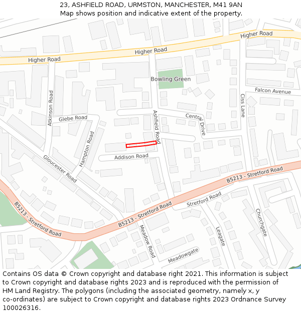 23, ASHFIELD ROAD, URMSTON, MANCHESTER, M41 9AN: Location map and indicative extent of plot