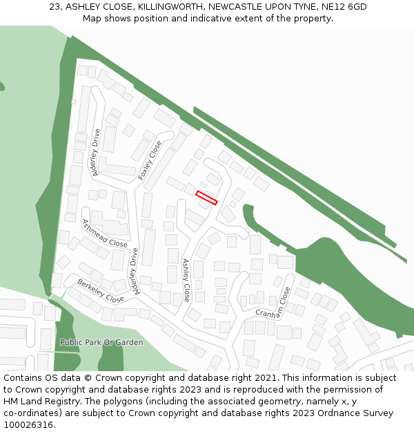 23, ASHLEY CLOSE, KILLINGWORTH, NEWCASTLE UPON TYNE, NE12 6GD: Location map and indicative extent of plot