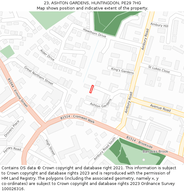 23, ASHTON GARDENS, HUNTINGDON, PE29 7HG: Location map and indicative extent of plot