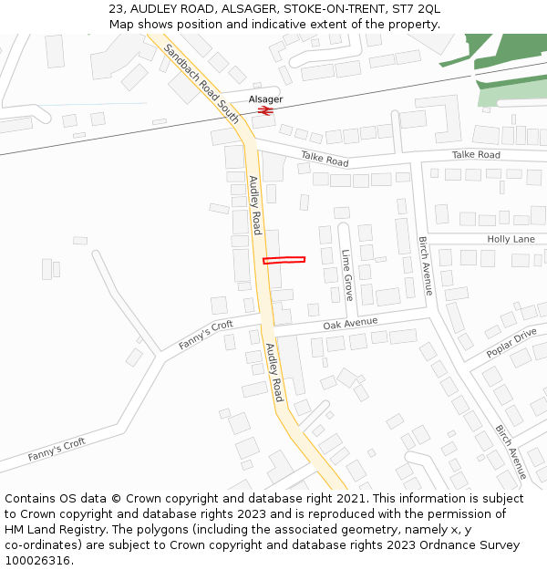 23, AUDLEY ROAD, ALSAGER, STOKE-ON-TRENT, ST7 2QL: Location map and indicative extent of plot