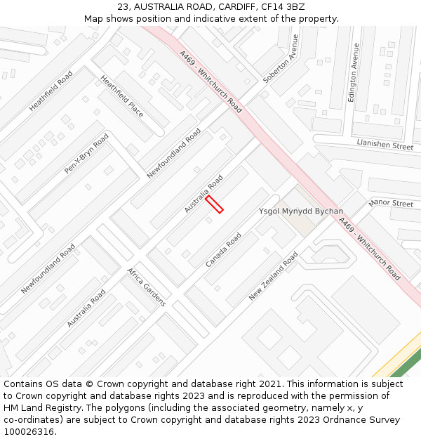 23, AUSTRALIA ROAD, CARDIFF, CF14 3BZ: Location map and indicative extent of plot