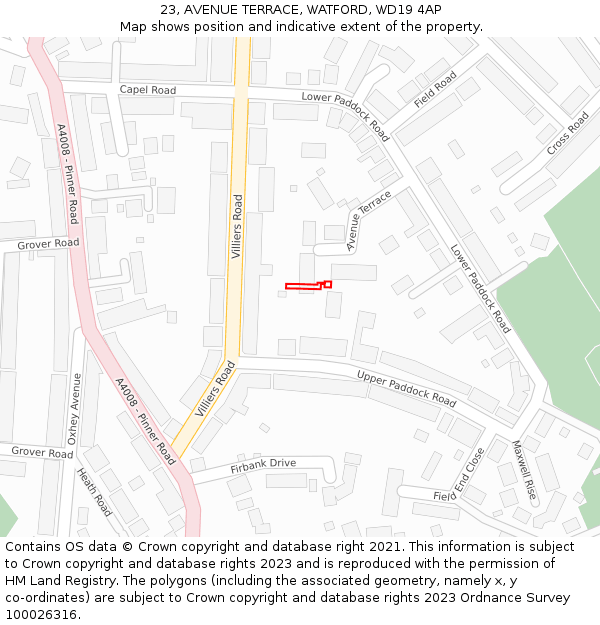 23, AVENUE TERRACE, WATFORD, WD19 4AP: Location map and indicative extent of plot