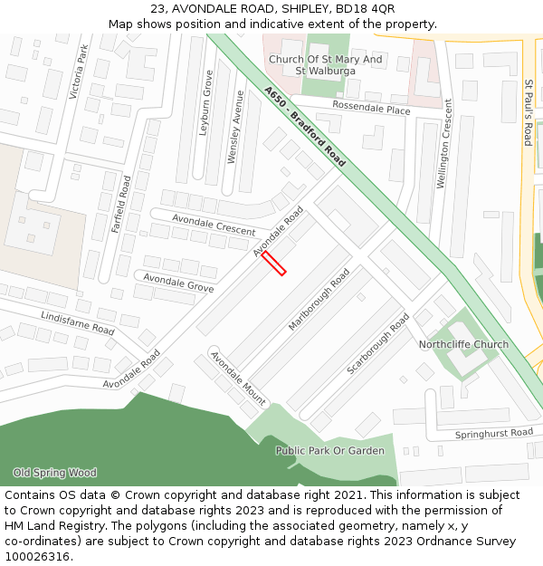 23, AVONDALE ROAD, SHIPLEY, BD18 4QR: Location map and indicative extent of plot