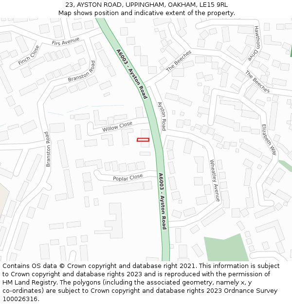 23, AYSTON ROAD, UPPINGHAM, OAKHAM, LE15 9RL: Location map and indicative extent of plot