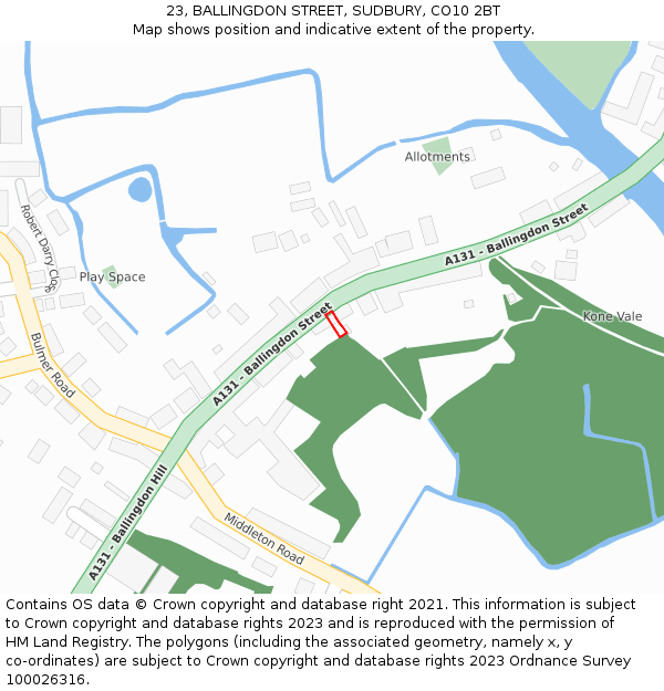 23, BALLINGDON STREET, SUDBURY, CO10 2BT: Location map and indicative extent of plot