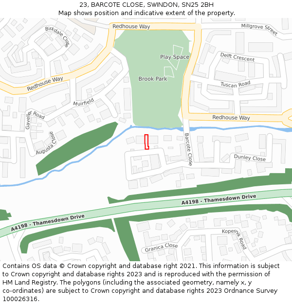 23, BARCOTE CLOSE, SWINDON, SN25 2BH: Location map and indicative extent of plot