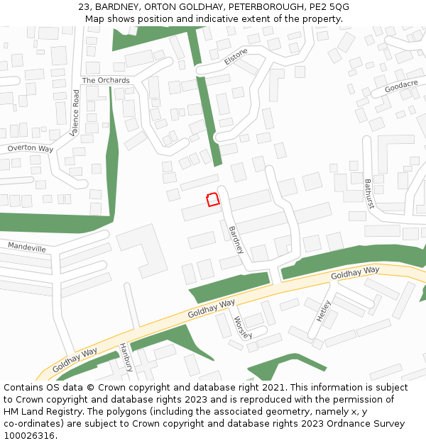 23, BARDNEY, ORTON GOLDHAY, PETERBOROUGH, PE2 5QG: Location map and indicative extent of plot
