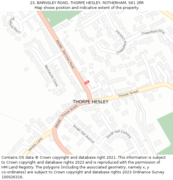 23, BARNSLEY ROAD, THORPE HESLEY, ROTHERHAM, S61 2RR: Location map and indicative extent of plot