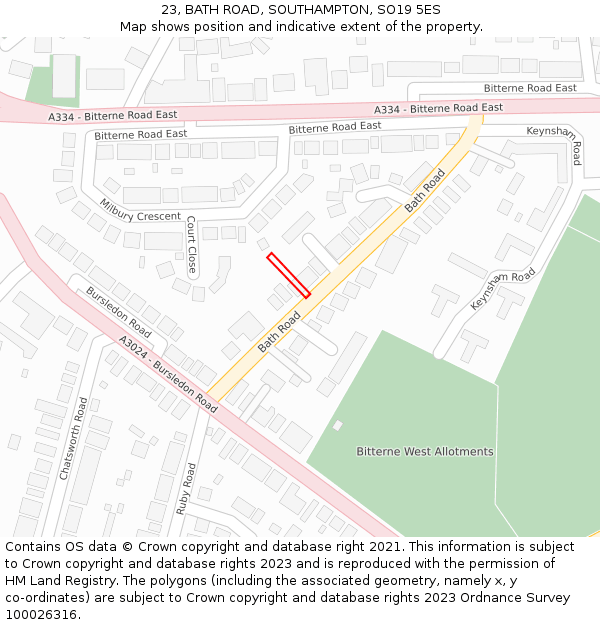 23, BATH ROAD, SOUTHAMPTON, SO19 5ES: Location map and indicative extent of plot