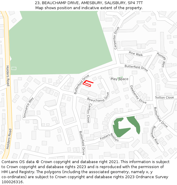 23, BEAUCHAMP DRIVE, AMESBURY, SALISBURY, SP4 7TT: Location map and indicative extent of plot