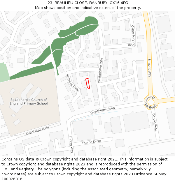 23, BEAULIEU CLOSE, BANBURY, OX16 4FG: Location map and indicative extent of plot