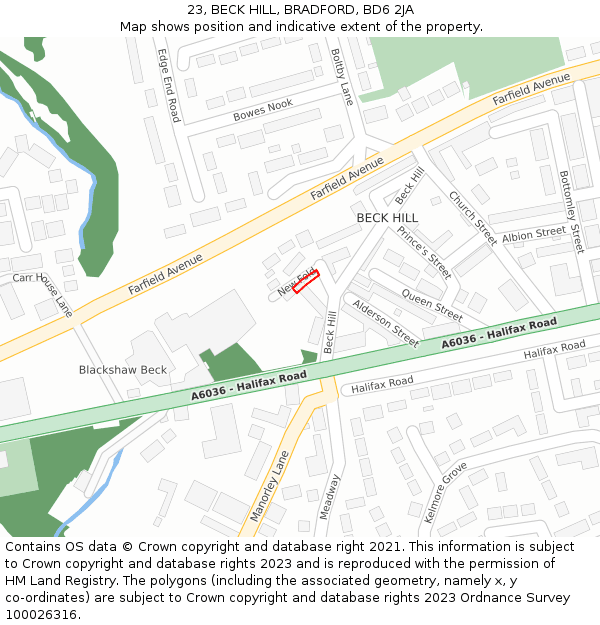 23, BECK HILL, BRADFORD, BD6 2JA: Location map and indicative extent of plot