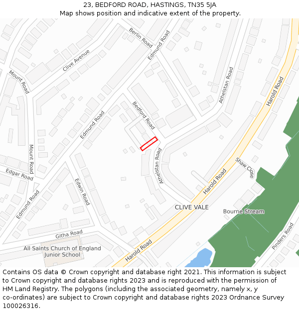 23, BEDFORD ROAD, HASTINGS, TN35 5JA: Location map and indicative extent of plot
