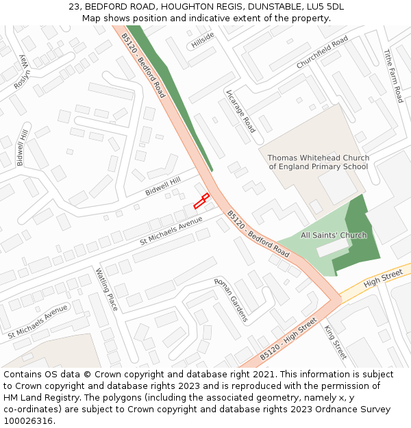 23, BEDFORD ROAD, HOUGHTON REGIS, DUNSTABLE, LU5 5DL: Location map and indicative extent of plot