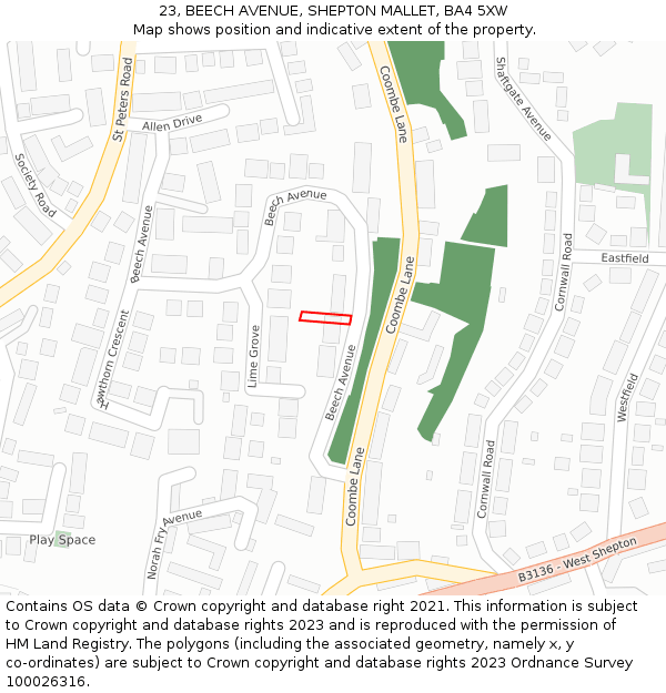 23, BEECH AVENUE, SHEPTON MALLET, BA4 5XW: Location map and indicative extent of plot