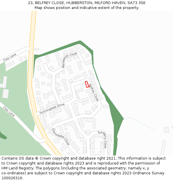 23, BELFREY CLOSE, HUBBERSTON, MILFORD HAVEN, SA73 3SE: Location map and indicative extent of plot