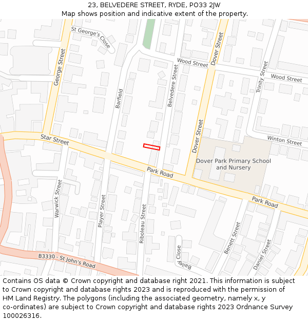 23, BELVEDERE STREET, RYDE, PO33 2JW: Location map and indicative extent of plot