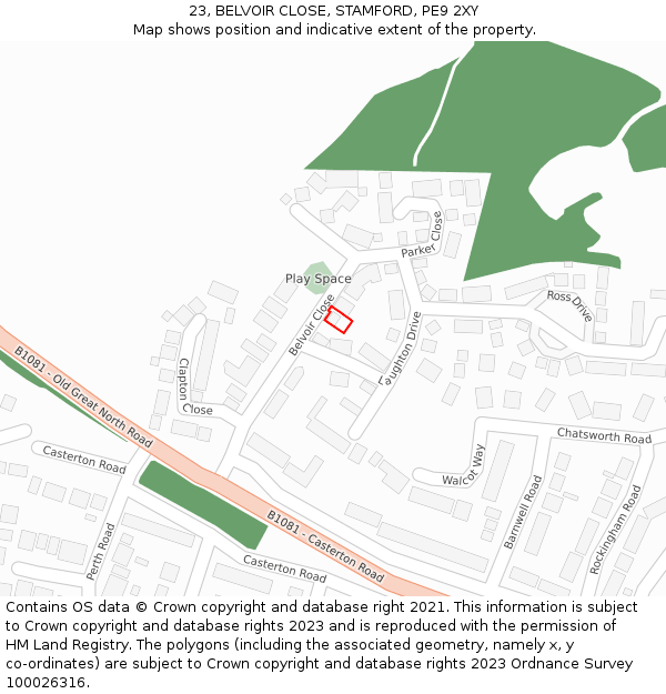23, BELVOIR CLOSE, STAMFORD, PE9 2XY: Location map and indicative extent of plot