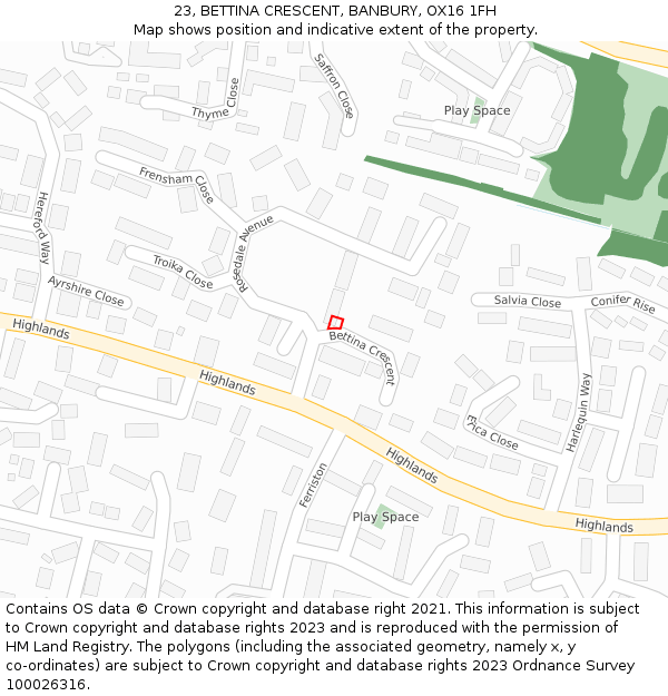 23, BETTINA CRESCENT, BANBURY, OX16 1FH: Location map and indicative extent of plot