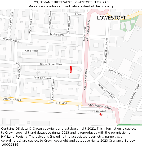 23, BEVAN STREET WEST, LOWESTOFT, NR32 2AB: Location map and indicative extent of plot