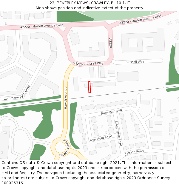 23, BEVERLEY MEWS, CRAWLEY, RH10 1UE: Location map and indicative extent of plot