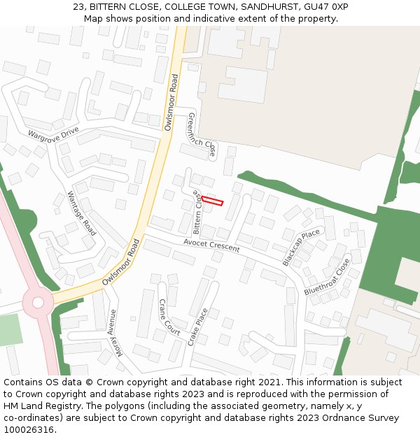 23, BITTERN CLOSE, COLLEGE TOWN, SANDHURST, GU47 0XP: Location map and indicative extent of plot