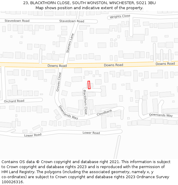 23, BLACKTHORN CLOSE, SOUTH WONSTON, WINCHESTER, SO21 3BU: Location map and indicative extent of plot
