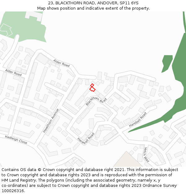 23, BLACKTHORN ROAD, ANDOVER, SP11 6YS: Location map and indicative extent of plot